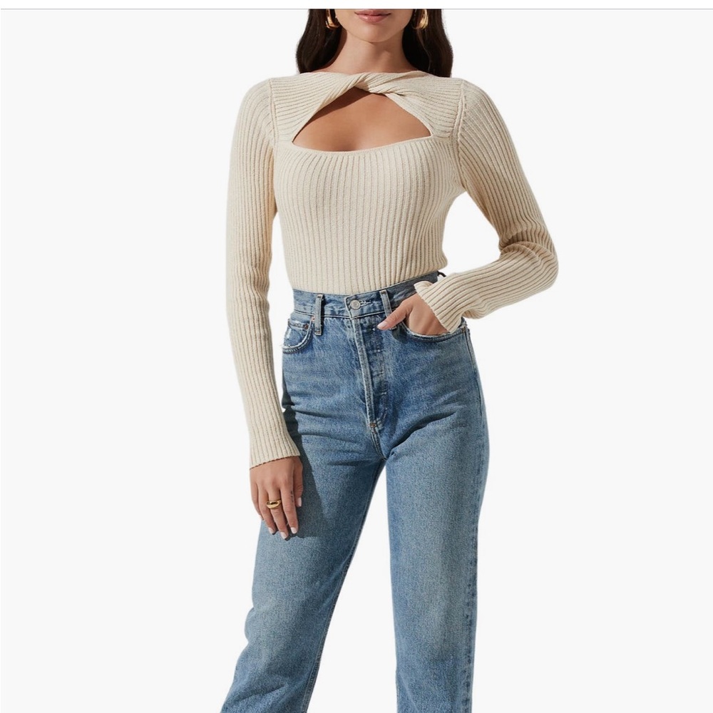 Astr Cream Ribbed Cutout Sweater